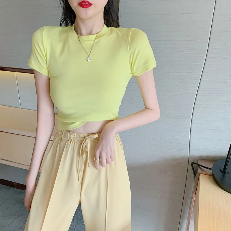 Корейский Chic все-матч облегающий Топ Однотонная одежда для похудения желтый