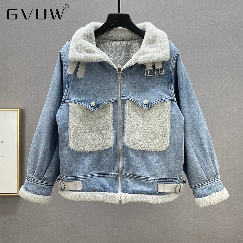 

Женская джинсовая куртка GVUW в стиле пэчворк, новинка зимы 2021, Свободный Тонкий Топ с плюшевым воротником и длинным рукавом, джинсовый топ ов...