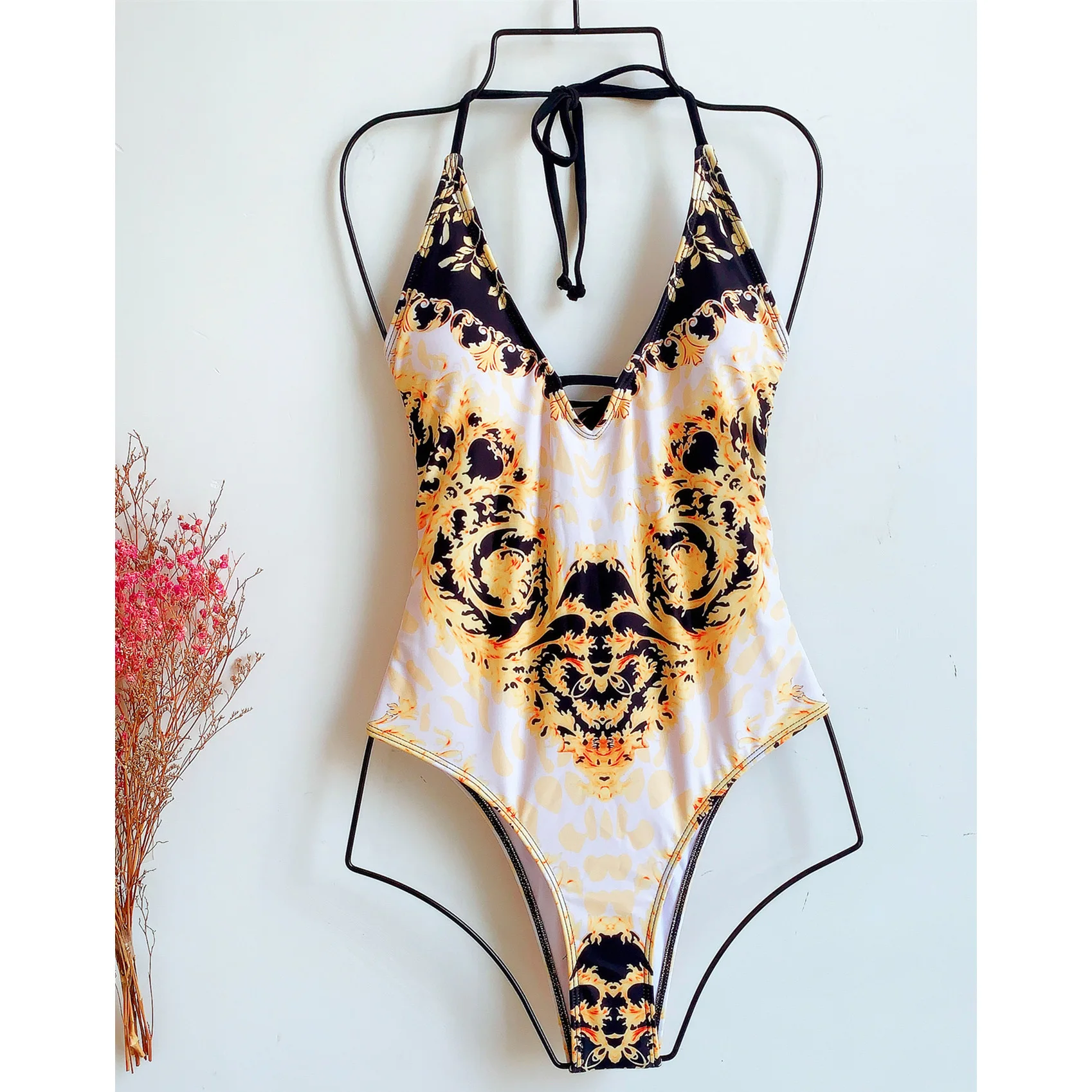 

2021 New Sexy Lace Up Monokini Women Swimwear One Piece Swimsuit Female Printed High Cut Bather Bathing Suit Swim Lady