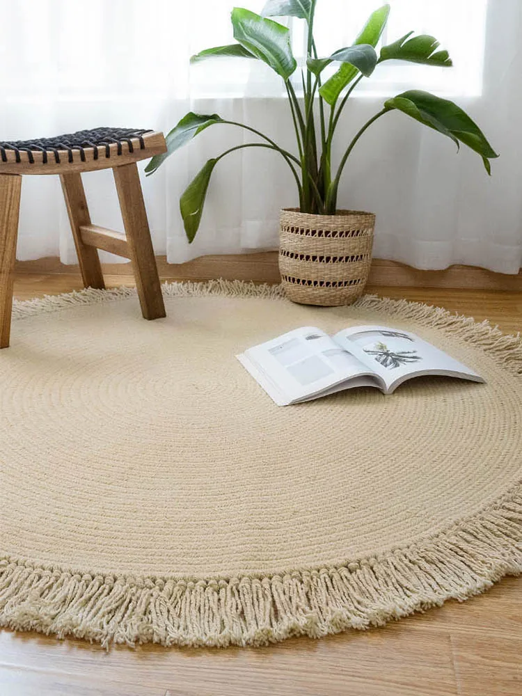 

Modern Wool Round Carpet Hand Woven Nordic tapete Rug Tassel Floor Mat Solid Color Home Bedroom Carpet Prayer Area Rug