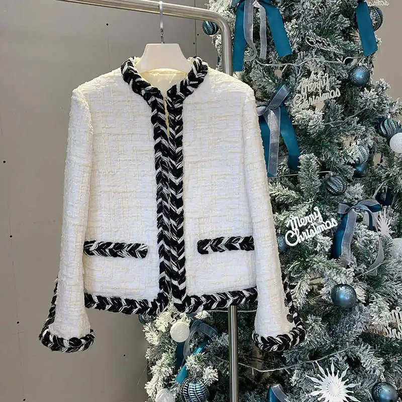 

Женское твидовое пальто с круглым вырезом, элегантное белое винтажное пальто в французском стиле, C694