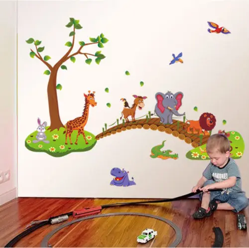 

DIY 3D vintage wallpaper vinyl wall stickers for kids rooms child wall art decals home decoration Cartoon Jungle wild Animals