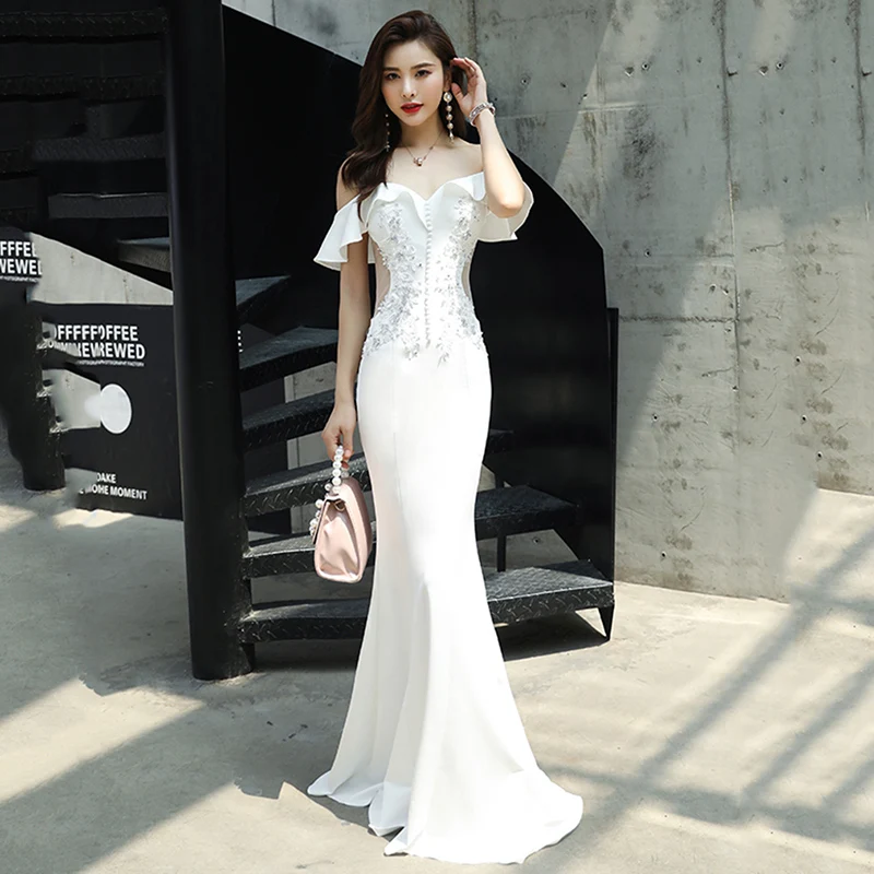 Пикантные женские с открытыми плечами Qipao элегантные белые шелковые вечерние платья изысканный горный хрусталь Макси платье Новинка рыбий хвост платье