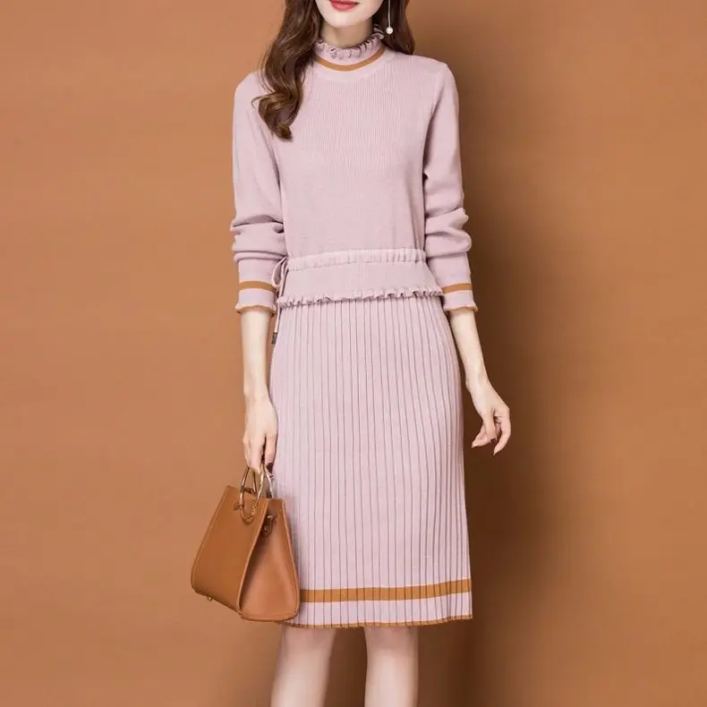 

Pleated Sweater Women Autumn New Fashion Ruffle Long Sleeve Casual Knitted Women Dress Knee Length Fake Two-piece Dress S08