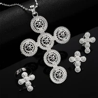 ethiopian eritrea silver color cross necklace earrings ring african bridal jewelry sets habesha party jewellery