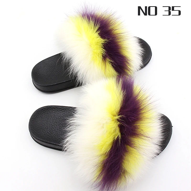 summer wowen colorful Fox fuzzy slippers ladies real fox fur slide fluffy Furry flip-flops fur siippers fashionable claquette images - 6