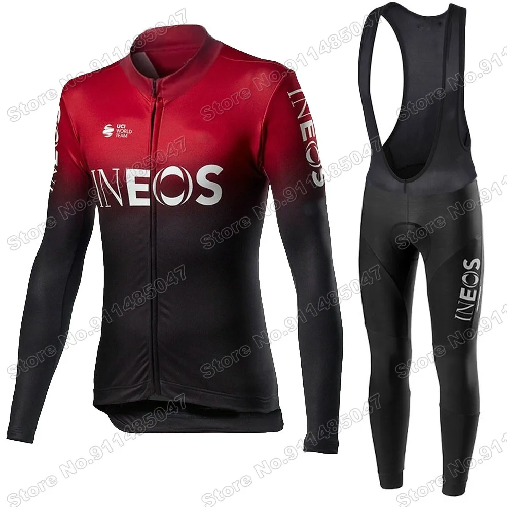 

Summer Ineos Team 2021 Red Cycling Jersey Set Cycling Clothing Suit Mens Long Sleeve MTB Bike Road Pants Bib Maillot