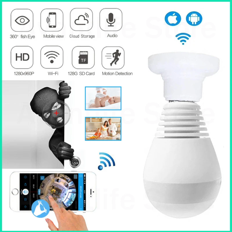 

360 Degree Panoramic Bulb Camera Wifi Home Security Video Surveillance Wireless IP Camera Lighting Lamp CCTV Video Fisheye HD
