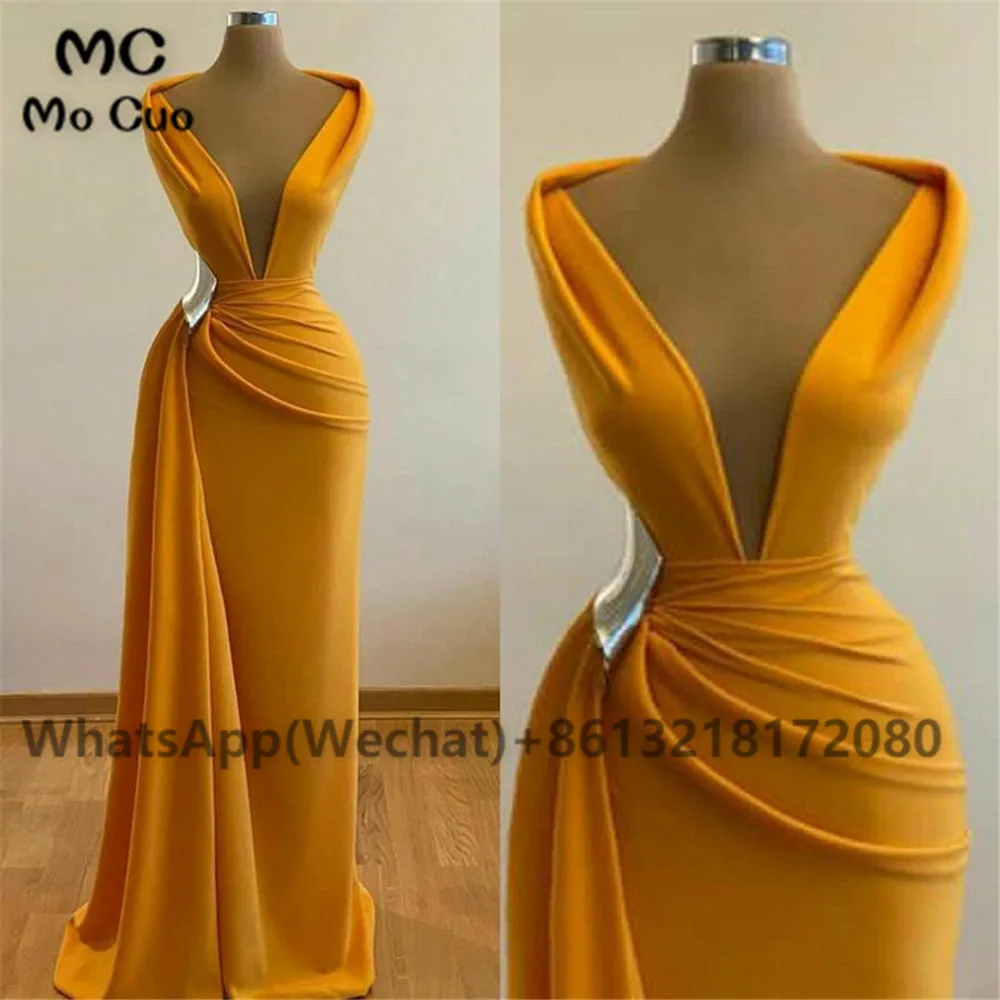 

Yellow 2021 A-Line Prom Dresses Deep V-Neck Women's Evening Gown Satin Pregnant woman Prom Dress Customized