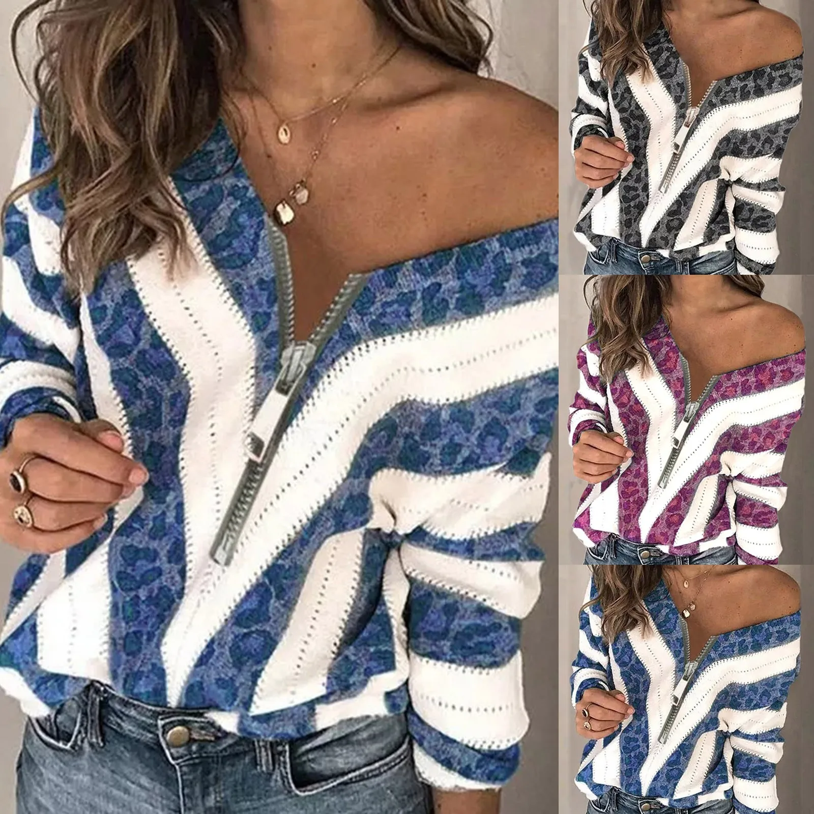 

Zipper Women Leopard Tops Blouse Fashion Sexy V Neck Stripe Shirts Streetwear Elegant Female Autumn New Loose Top Blusa Feminina