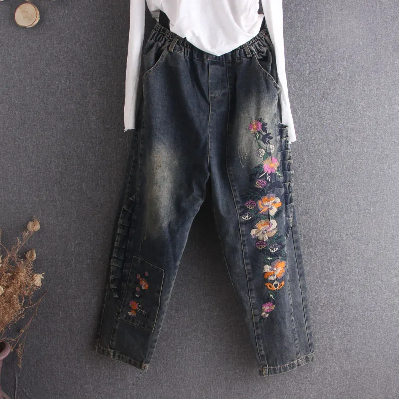Джинсы женские с вышивкой и цветами модные повседневные Длинные свободные