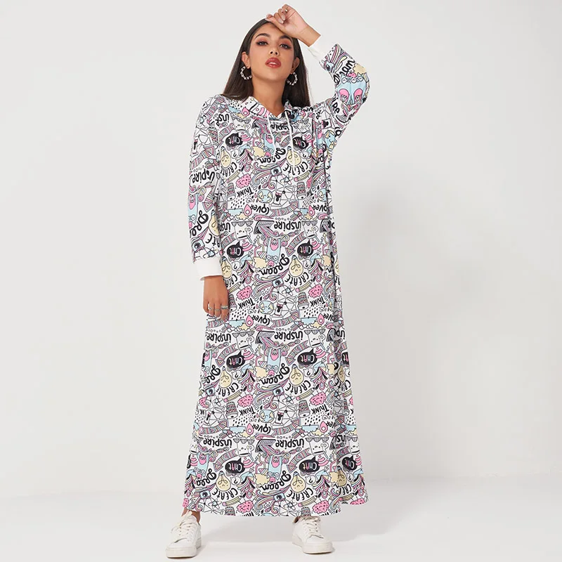 

New products ladies fashion letters graffiti printing long drawstring hooded loose casual sports sweater dress