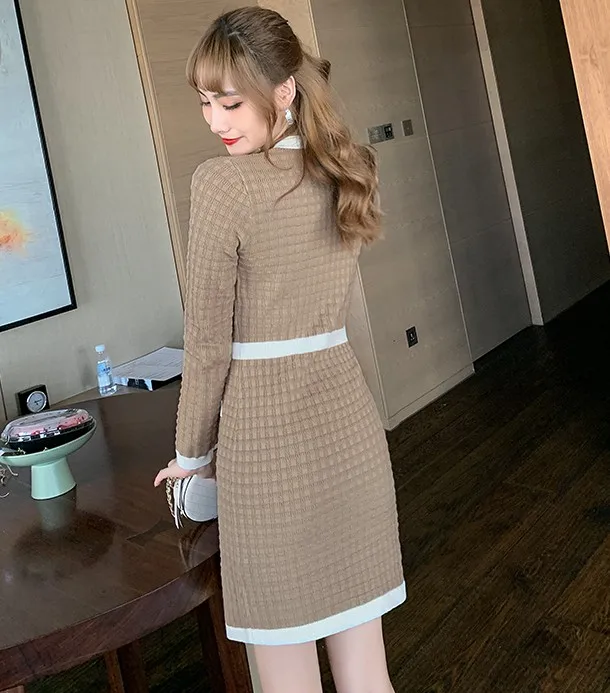 

HSTAR 2020 New Fashion Autumn Women Elegant Vintage Hit color patchwork Single-Breasted Ladies Runway knitting Sweater Dress