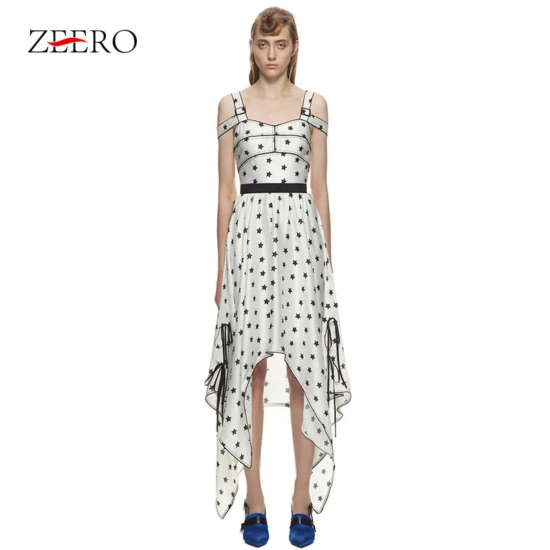 Женское платье Автопортрет на бретельках белое макси с принтом звезд лето