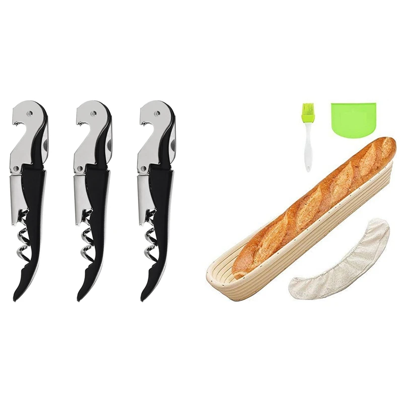 

1set Oval Bread Banneton Proofing Basket Baguette Baking Bowl Set & 3 Pack Corkscrew Heavy Duty Wine Opener Set