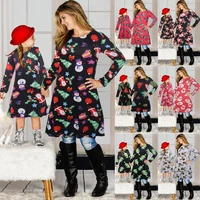 mother daughter girls dress up christmas cartoon printed dresses parent child long sleeve family matching outfits baby kids