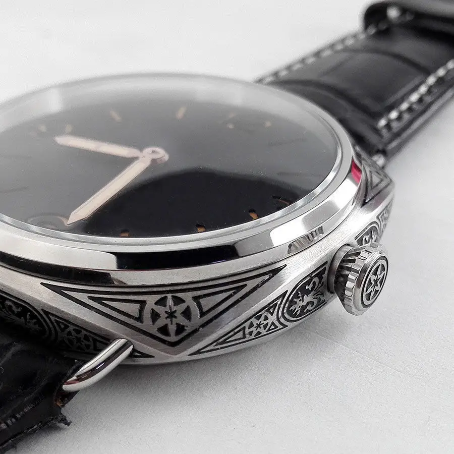 Ручные часы parnis 47 мм механизм чайки черный циферблат резьба по дереву военные