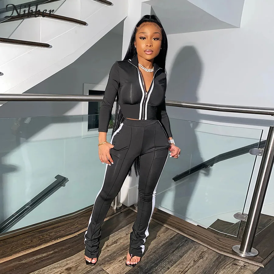 

Nibber fall winter patchwork tops pants 2two pieces sets woman's Street leisure activity wearlong sleeve Zipper top suit female