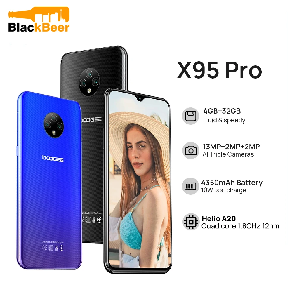 

DOOGEE X95 Pro Android 10.0 Mobile Phone Quad Core 4GB+32GB Smartphone 6.52 Inch Helio A20 Cellphone 4350mAh 13MP Triple Cameras