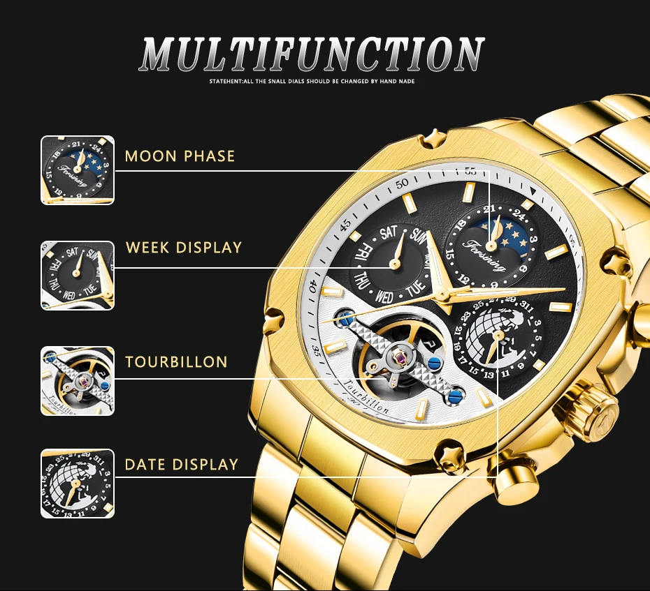 FORINING брендовые модные автоматические механические часы мужские часы Moon phase Tourbillon часы для мужчин s подарки часы Relogio Masculino