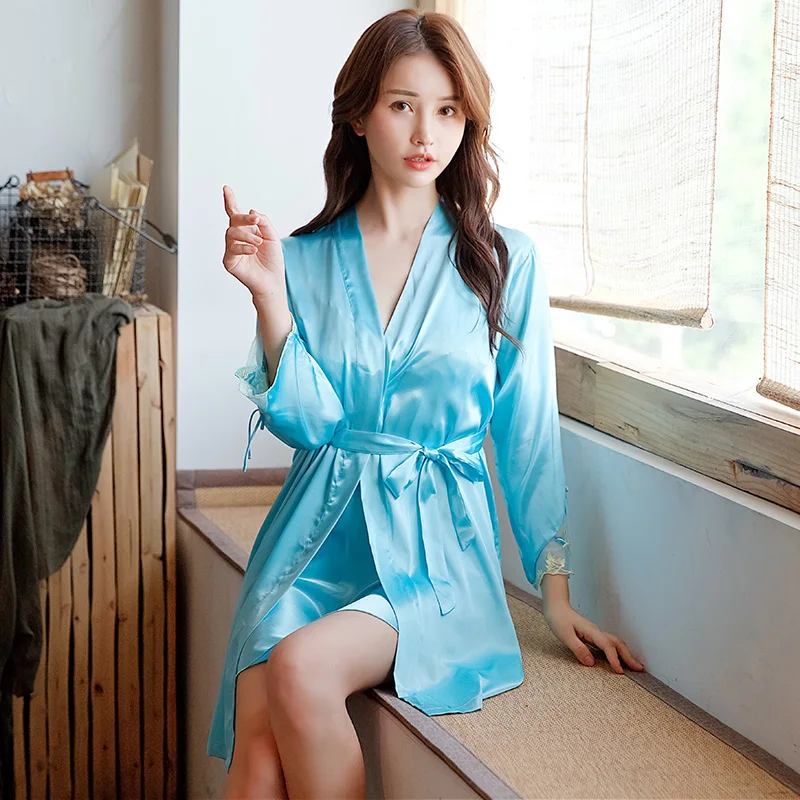 Женская шелковая ночная рубашка из двух предметов атласная сексуальные модные