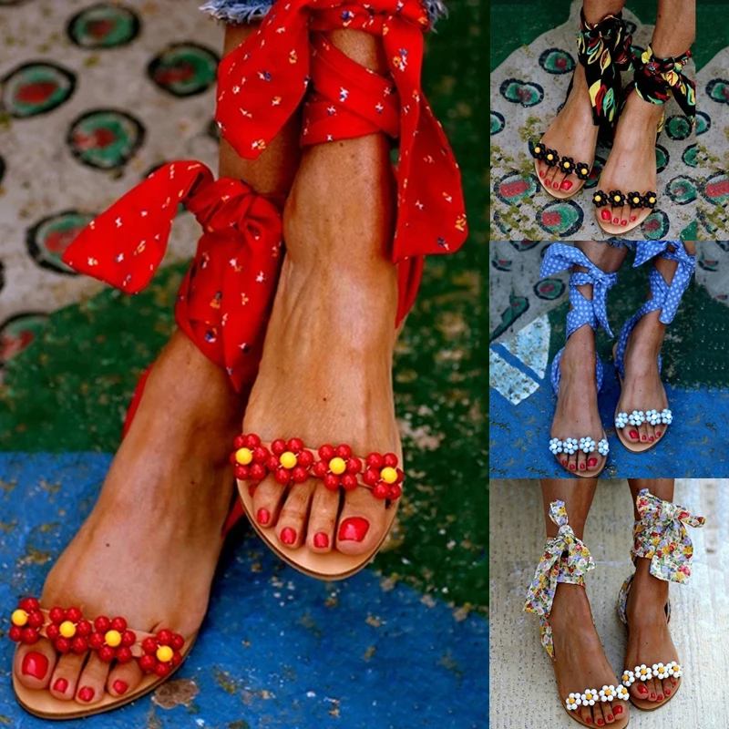 

2021 Sandals Women Flat Sandals Ankle Strap Handmade Beaded Special Women's Shoes Beach Sandals Plus Size 35-43