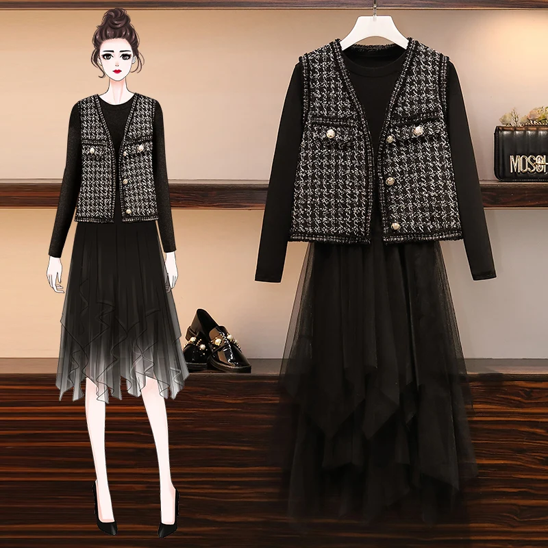 Женское элегантное платье размера плюс костюм с клетчатым жилетом и сетчатым