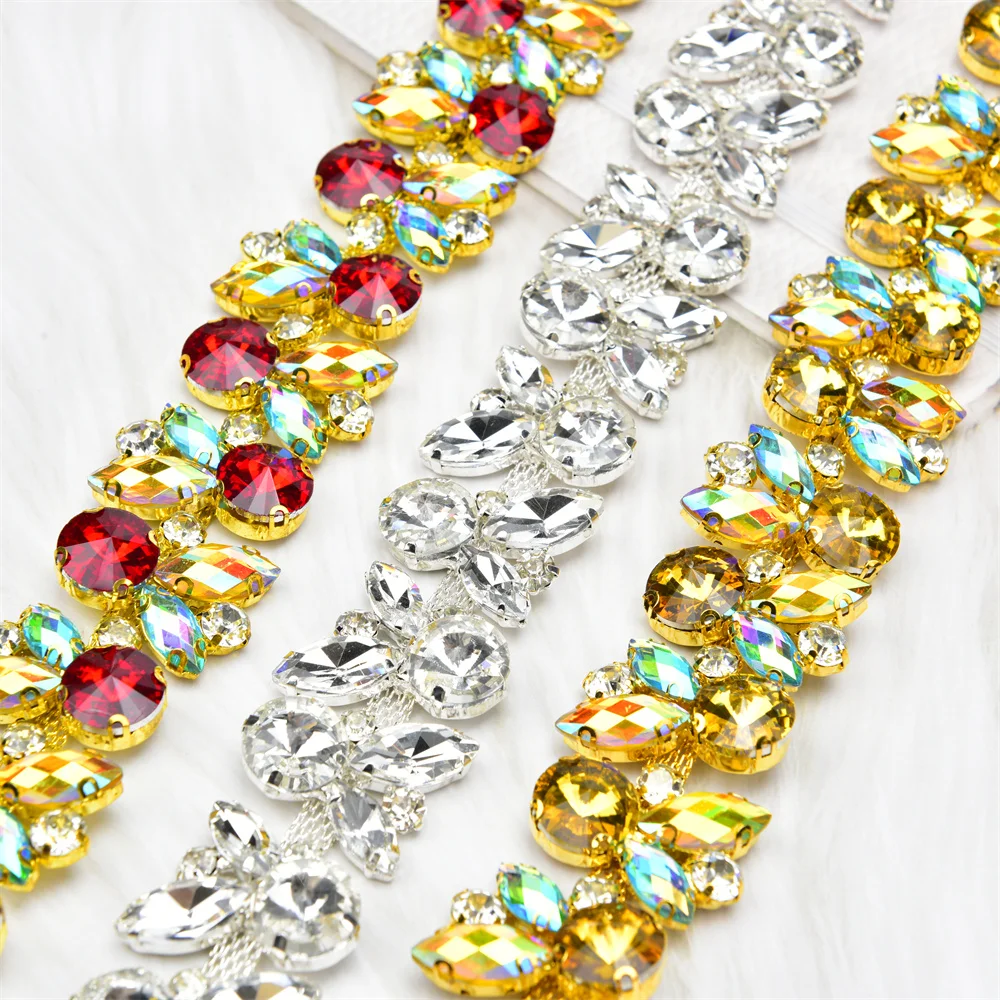 1 Yard Romantic Accessories Multicolor Glass Acrylic Rhinestone Chain Crystal Flower Trim Applique Sew Costume Shoes Diy Dresses | Дом и сад