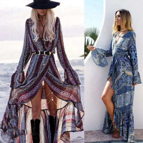 Женское винтажное длинное платье с цветочным принтом V образным вырезом и