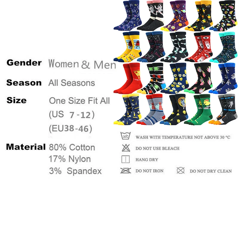 

New Mens sock Brand fruit Ramen Astronaut Pattern Hip hop Cool Socks for Men Winter Thick Long Skate Funny Socks Colorful
