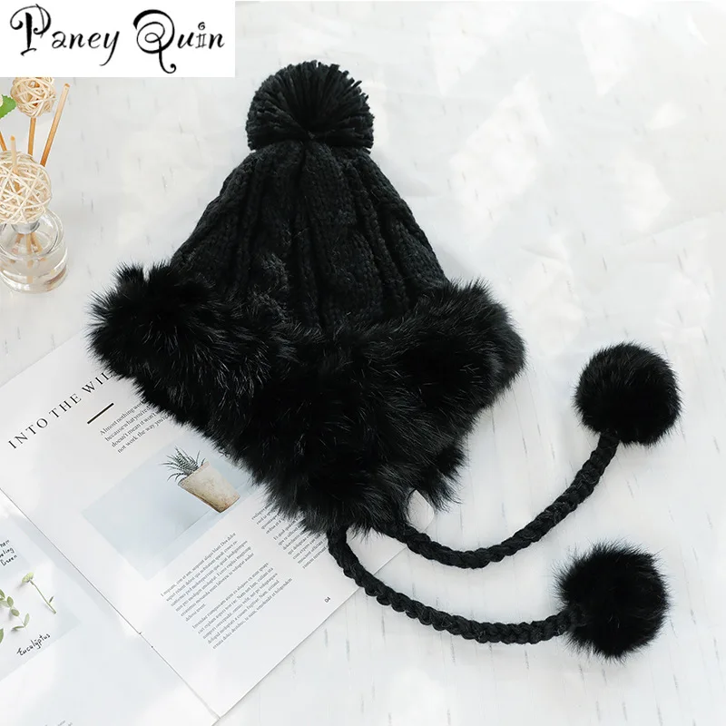 rabbit fur hat for women fluffy earflap ear caps skiing ear protection ball headgear warm beanies knit hat fur bomber hat women free global shipping