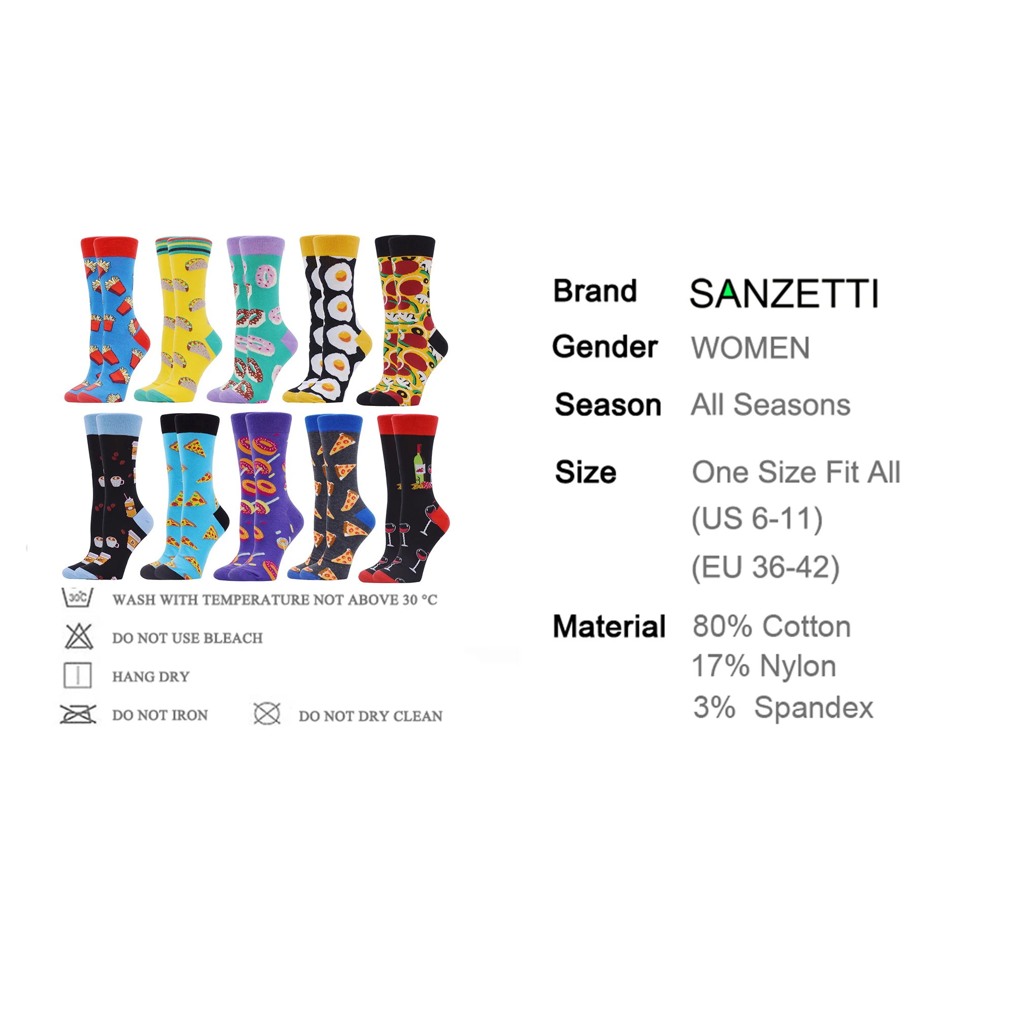 SANZETTI 10 Pairs Women Socks Combed Cotton Colorful Fun Happy Cute Sushi Fashion Flowers Pattern Wedding Dress Popular Socks