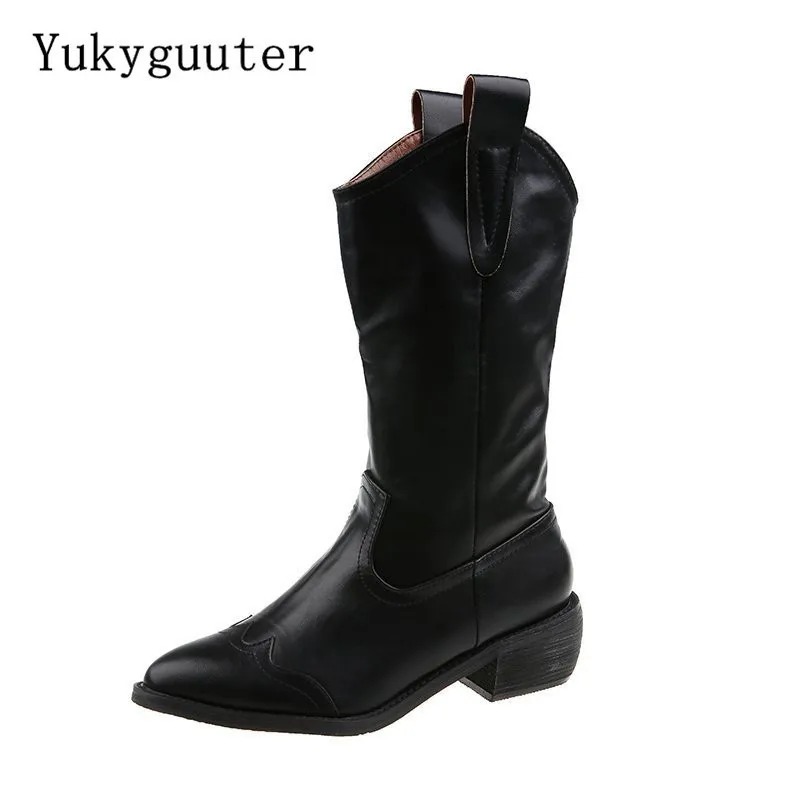

Women High Boots Mid-Calf Leather Fashion Autumn Spring Martin Pointed Toe Female Platform Shoes Heels Fashion