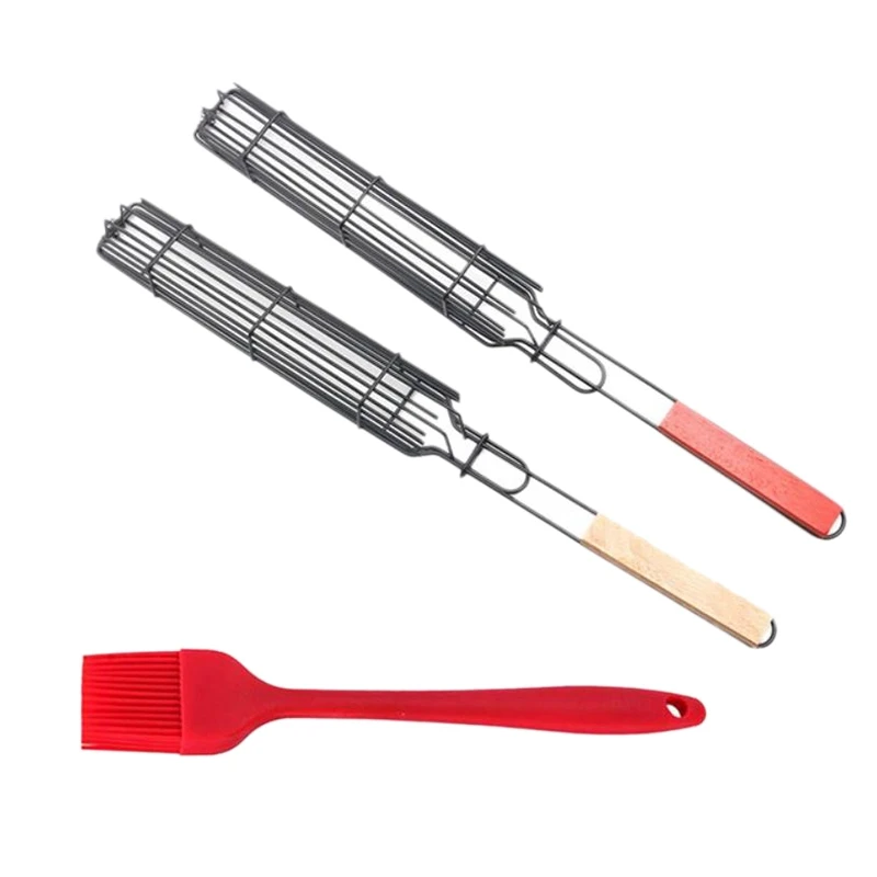 

Grilling Basket Barbecue Basket Reusable Wooden Handle Barbecue Tool Barbecue Basket Barbecue Mesh with Brush