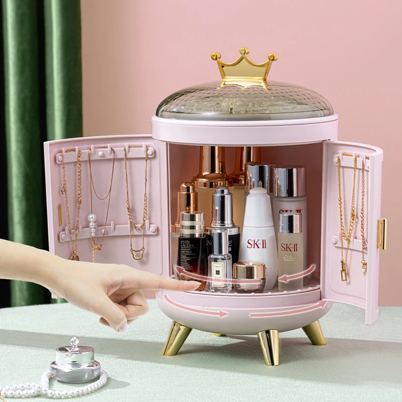 360 Rotating Crown Storage Box Cosmetic Jewelry Organizer Earring Ring Display Holder Necklace Desktop Organizer Christmas Gifts