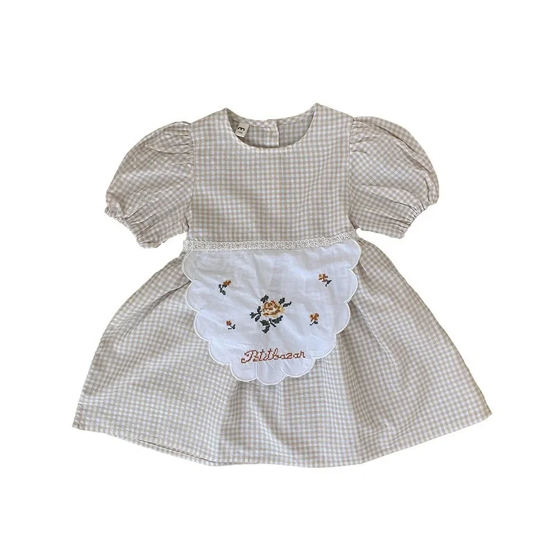 

Korean style summer baby girls plaid loose short sleeve dresse cotton patchwork bib princess dresses