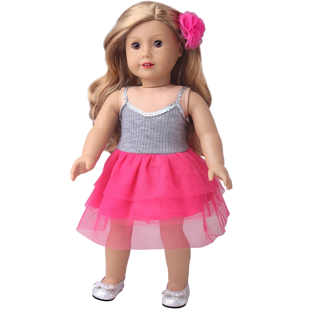 

18 Inch American Doll Girls Party Magenta Halter Dress + Flower Hairpin Newborn Baby Toys Accessories Fit 43 Cm Boy Dolls c418
