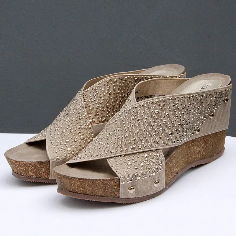 

2022 Women Casual Wedge Sandals Slides Summer Stretch Fabric 8cm Heels Slippers Platform Zapatos de Mujer Shoes