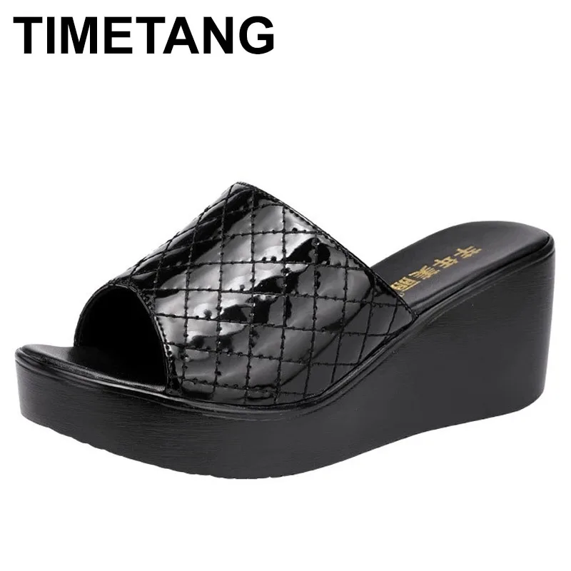 

TIMETANGWomen's Slip on Wedge Platform Peep Toe Breathable Leather Summer Slipper Shoes