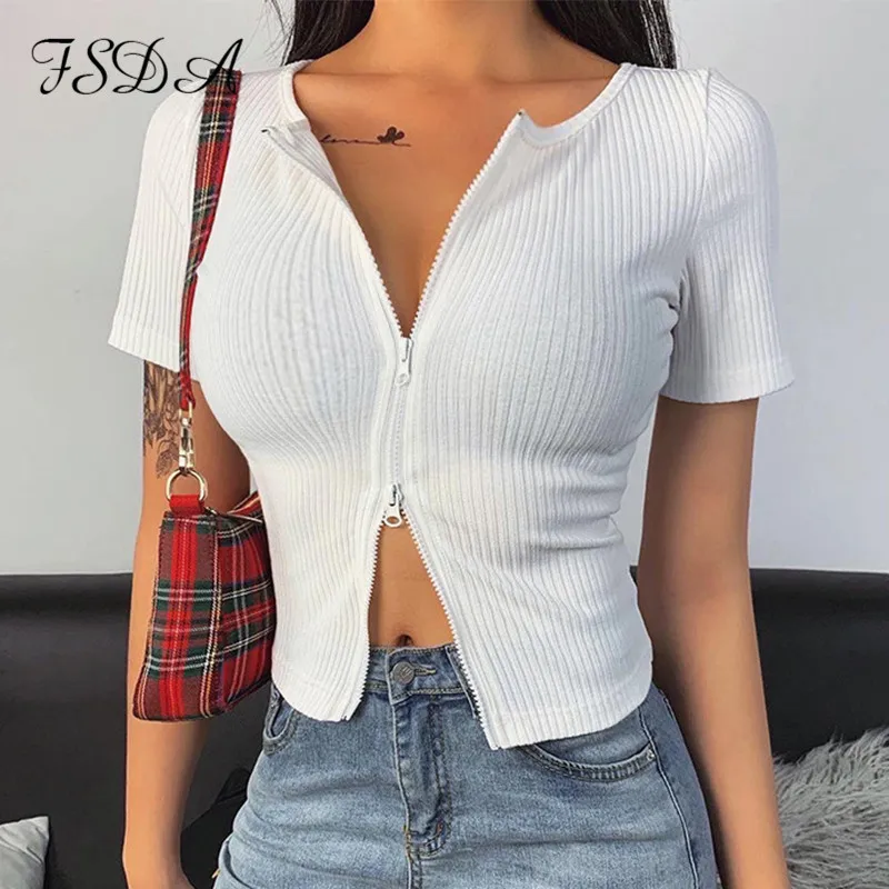 Женский укороченный топ FSDA белый Повседневный Топ на молнии с коротким рукавом