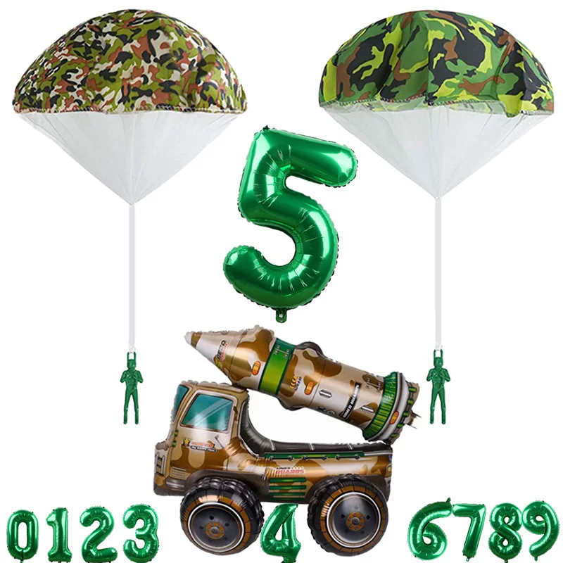 

Набор принадлежностей для армейской вечеринки, 4 шт., камуфляжная Парашютная ракета, военный автомобиль, воздушный шар с большими цифрами 1, 2...