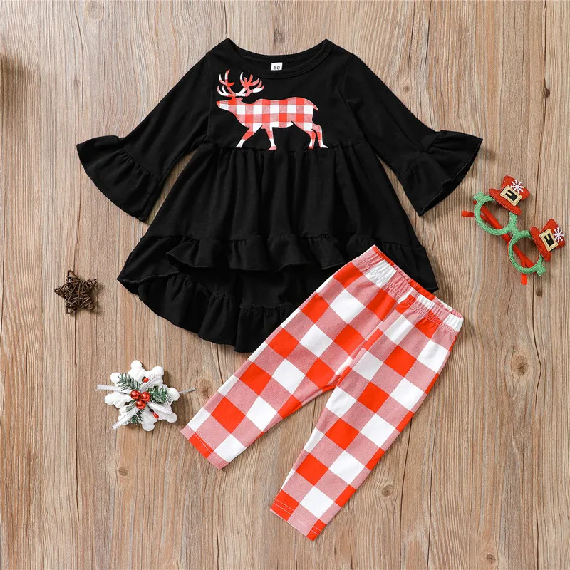 

2pcs Baby T-shirt Trousers Suit Cartoon Elk Long Sleeve Tops and Plaid Pants Chirstmas Outfits Clothes Child Girl Set