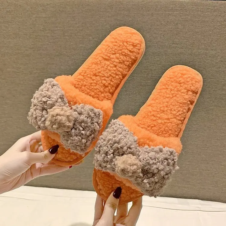 New Home Cute Bowknot Cotton Slippers Ladies Autumn and Winter Comfortable Slippers Furry Slippers Women Fashion Women's Shoes