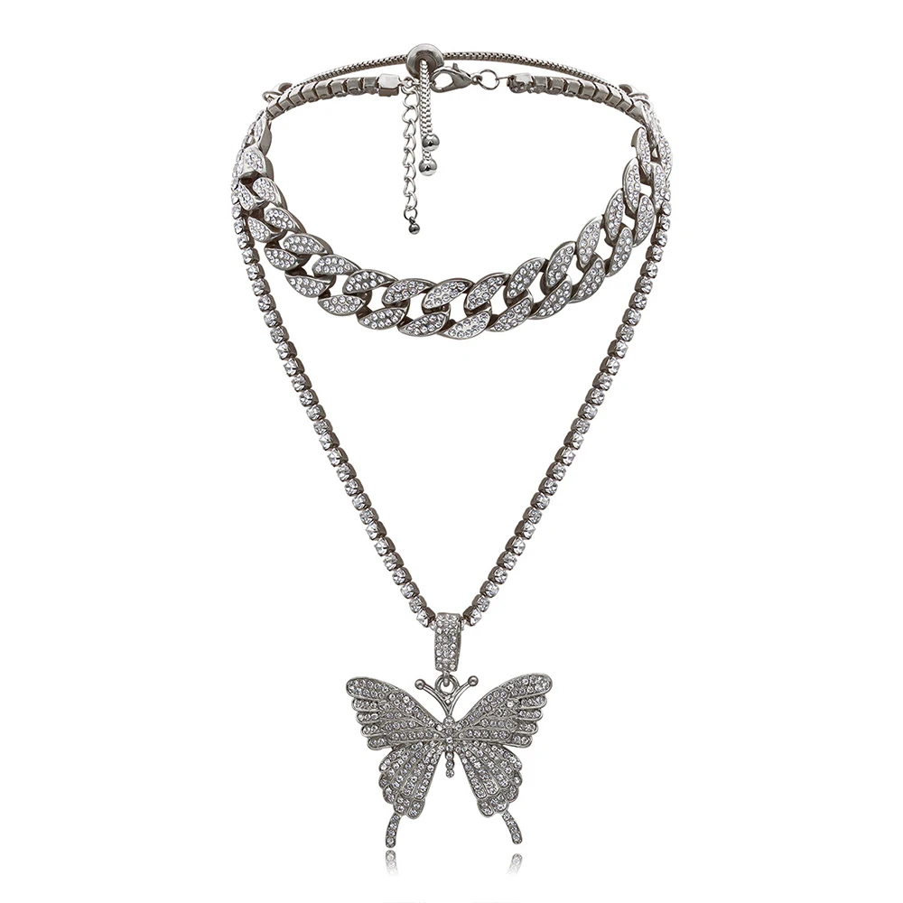 

Iced Out Layered Butterfly Necklace Set Luxury Rhinestones Cuban Link Chain Choker For Women Statement Pendant Aesthetic Jewelry