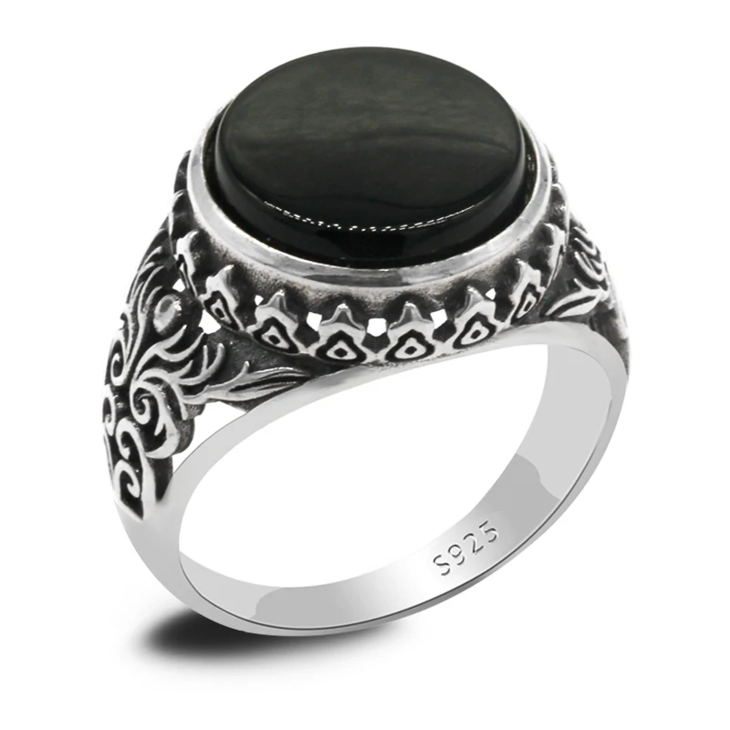 

Hot Men's Ring S925 Sterling Silver Jewelry Ring Turkish Silver Ring Inlay natural stone Stone Black Ring