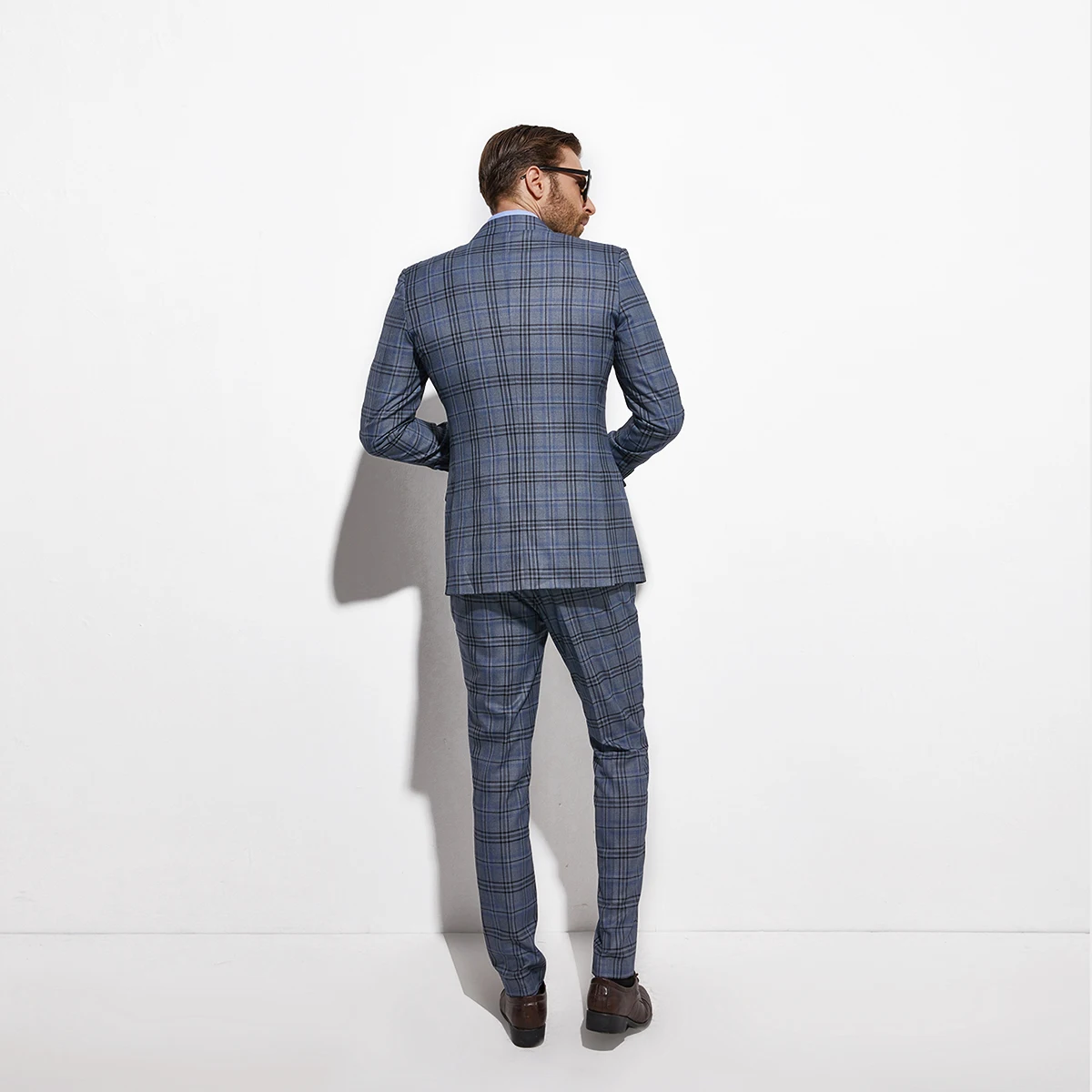 Модные синие серые клетчатые мужской костюм Индивидуальный заказ Slim Fit, в клетку, костюм из двух предметов Повседневное
