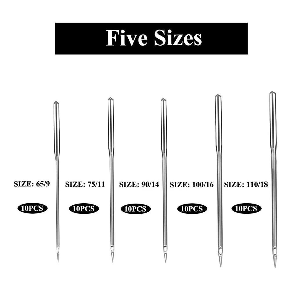 

50PCS/Set Silver Assorted Home Sewing Machine Needles Threading 65/9 11/75 14/90 16/100 18/110 Universal Mixed Kit