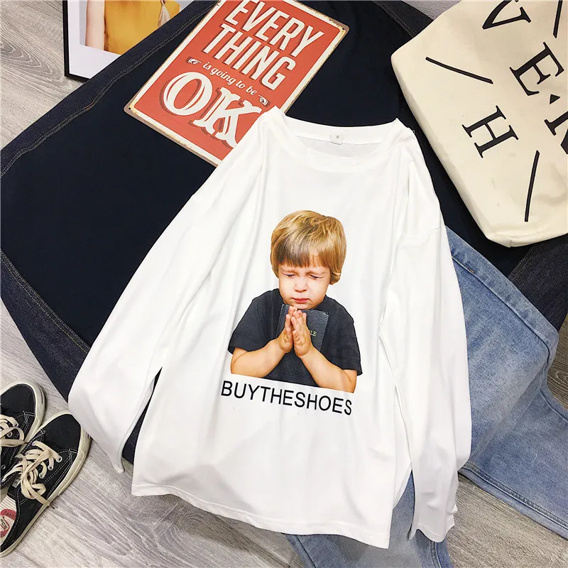 

Korean basic white tops T-shirts Leisure Loose T-shirt Women Long Sleeve O-Neck character printing Simple All-match Kawaii Tees