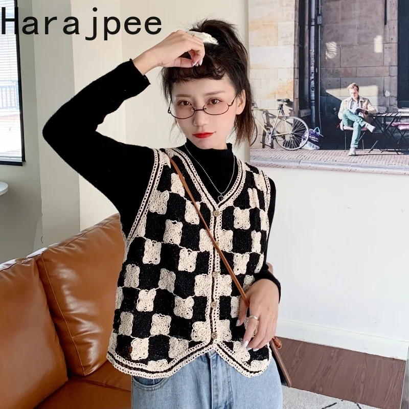 

Harajpee Women Sweater Vest Checkerboard Plaid Crocheted V-neck 2021 Spring Autumn Korean Retro Women Coat Single Breasted