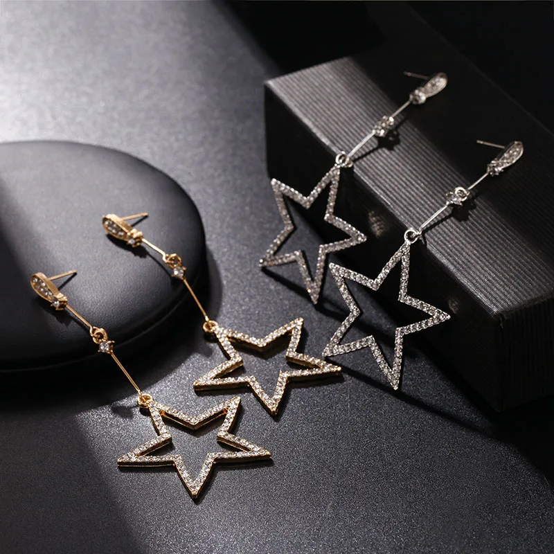 Корейские длинные серьги роскошные стразы пентаграмма модные для женщин 2021
